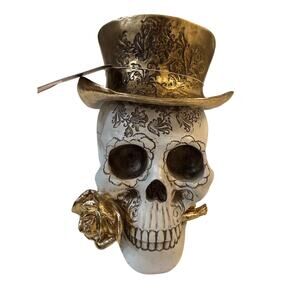 Day of the Dead Skull Figurine Gold Top Hat Rose Halloween Decoration Boutique